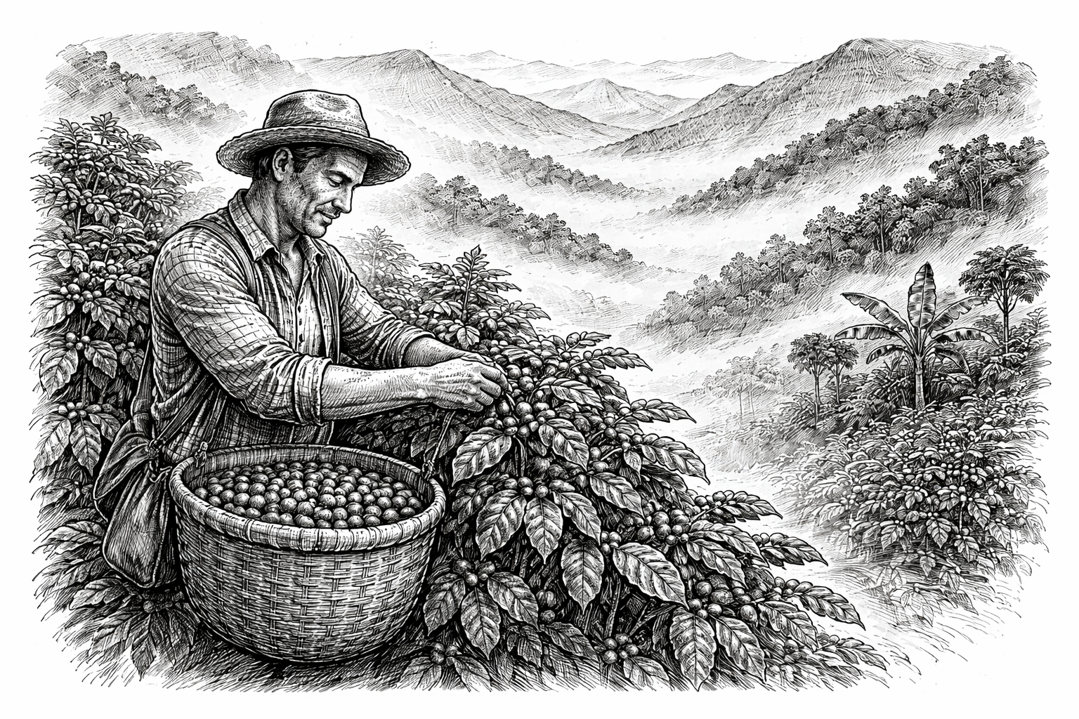 Recolector de café en las montañas